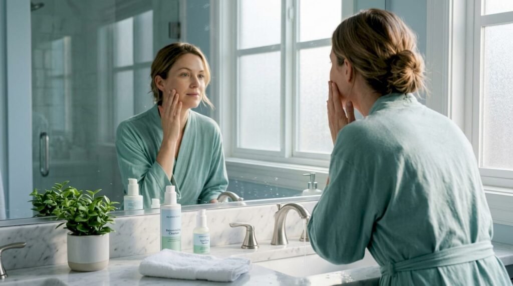 Woman checking skin in bathroom mirror