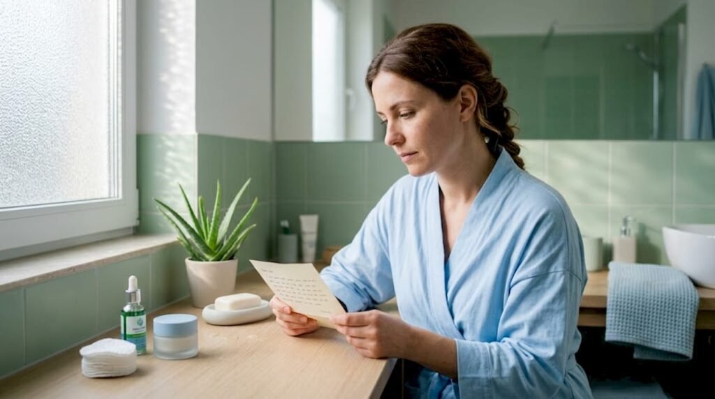 Woman reading skincare testimonial in home bathroom