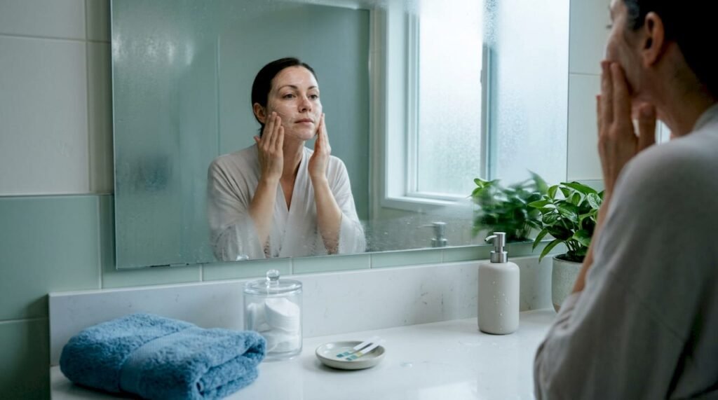 Woman in 30s using skincare at bathroom sink
