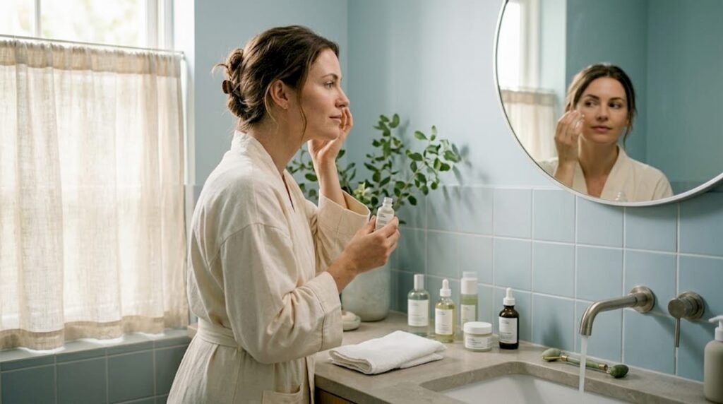 Woman layering serum in morning skincare routine