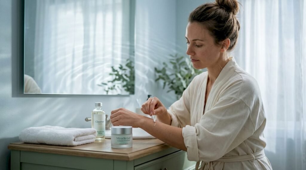 Woman patch testing skincare product on forearm
