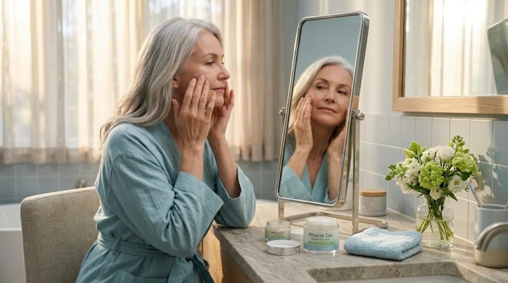 Mature woman applying skincare at bathroom vanity