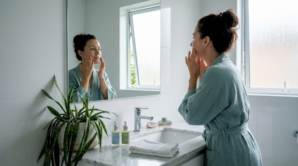 Woman applying natural skincare in sunlit bathroom