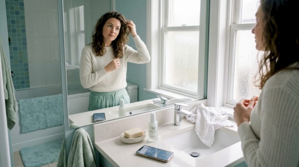 Woman applying moisturizer in bathroom