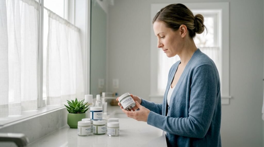 Woman reviewing skincare routine in bathroom