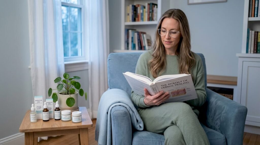 Woman reading science book on living room sofa