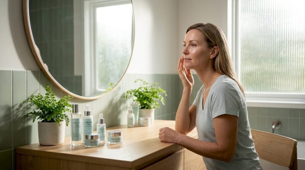 Mature woman applying moisturizer in bright bathroom