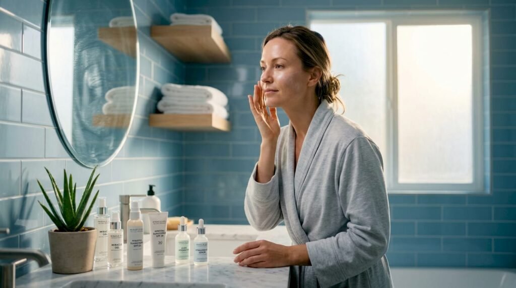 Woman applying mineral sunscreen in bathroom