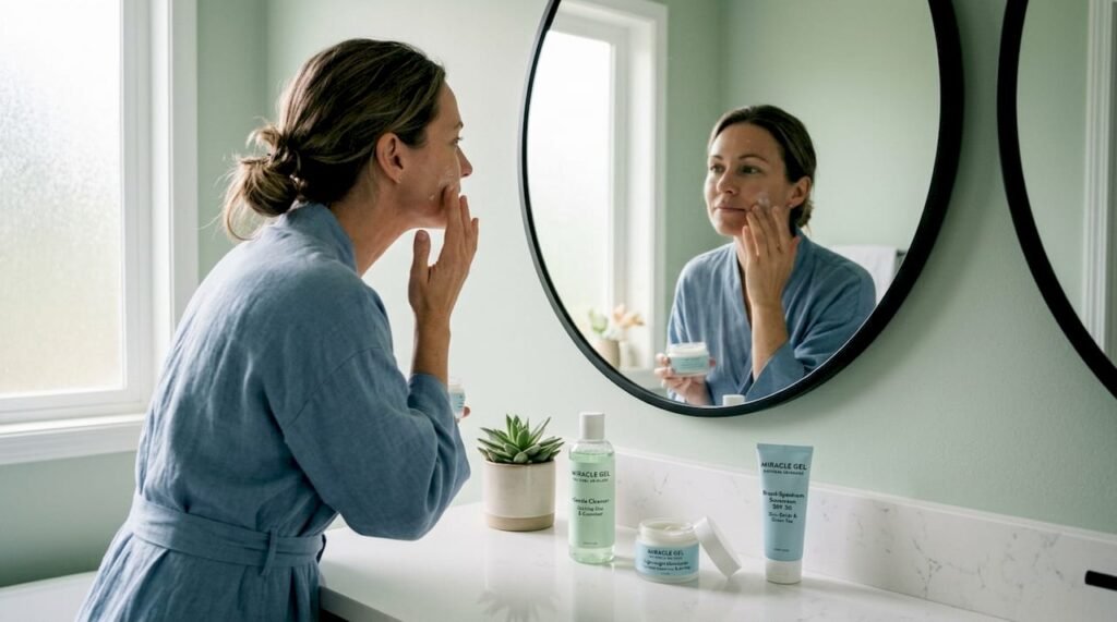 Woman applying moisturizer in bathroom mirror