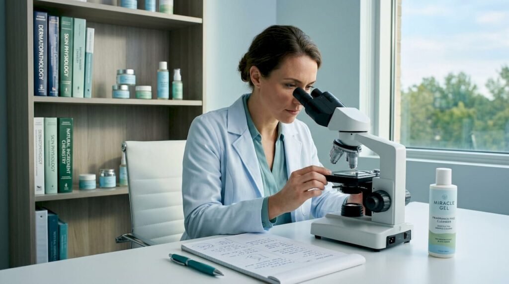 Dermatologist examining skin cells under a microscope
