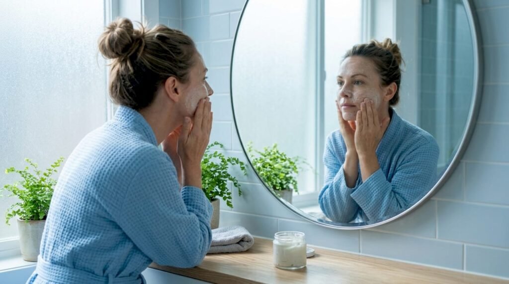 Middle-aged woman applying facial scrub in bathroom