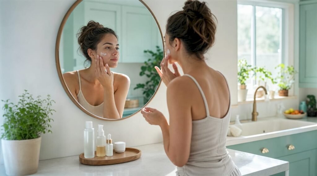 Woman applying fragrance-free skincare at vanity