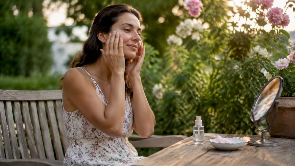 Woman applying skincare serum near window