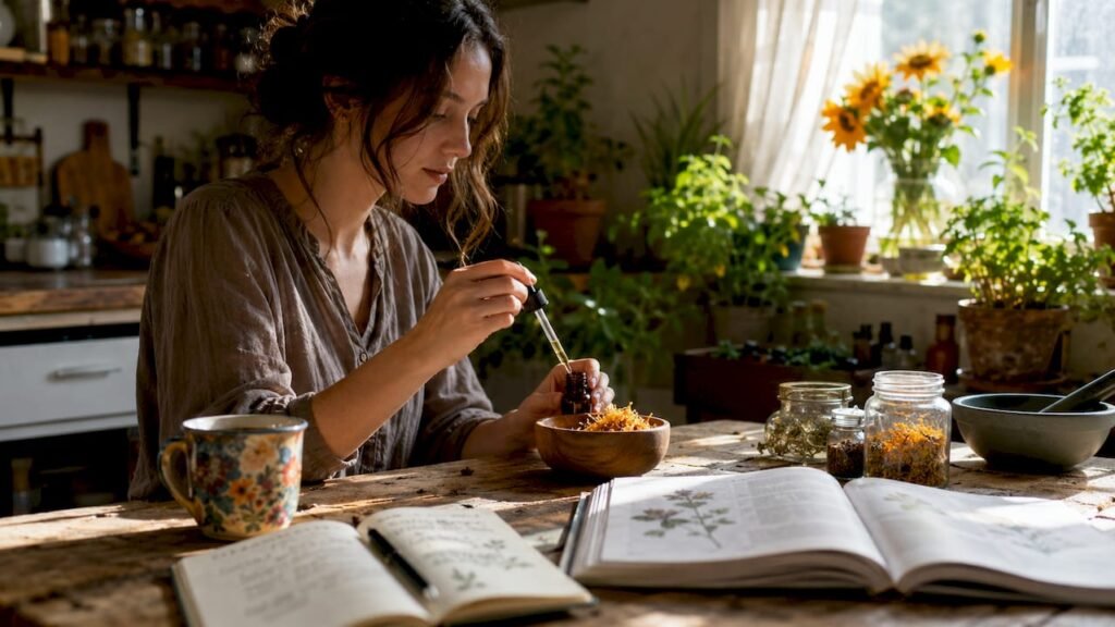 Woman researching herbal skincare ingredients at home desk