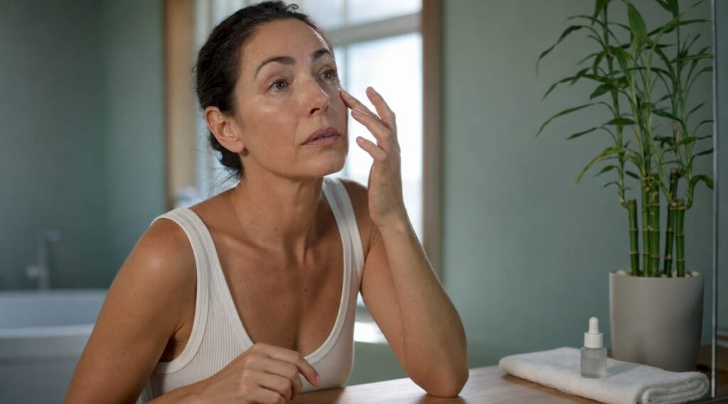 Woman applying eye serum at vanity table