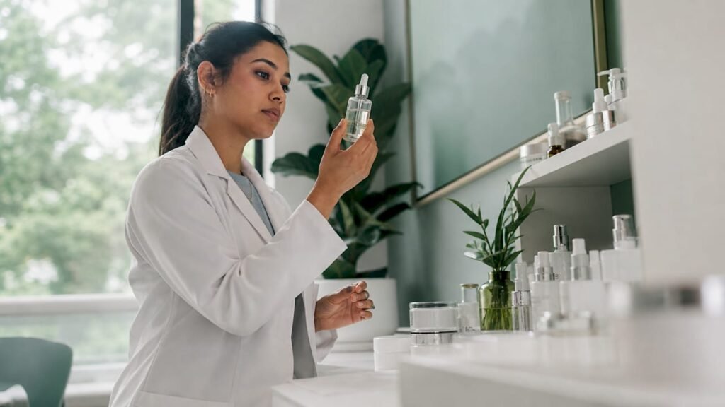 Professional examining peptide serum bottle in clinic