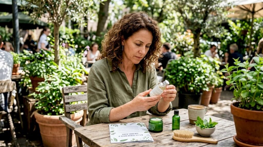 Woman researching green beauty products at home