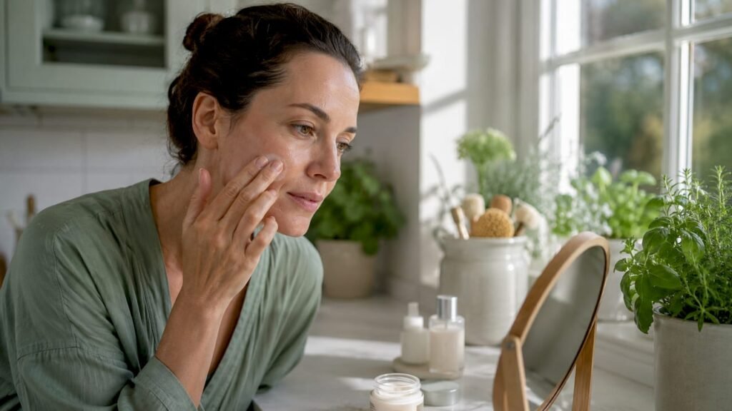 Woman applying moisturizer to face in bathroom