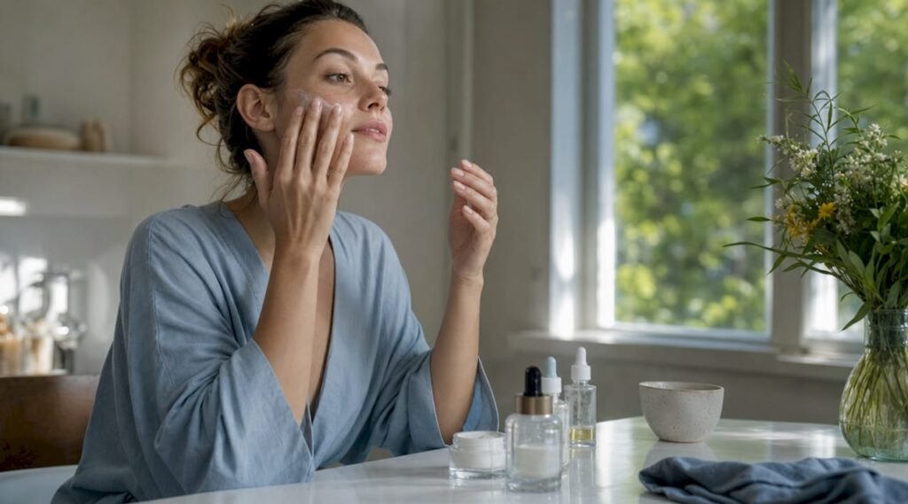 Woman applying moisturizer at bathroom vanity