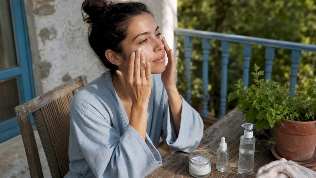 Woman applying non-comedogenic moisturizer
