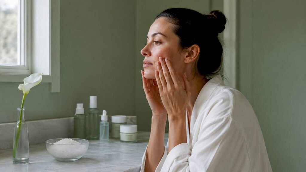 Woman gently cleansing face in bathroom