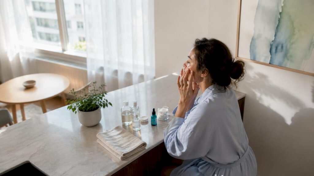 Woman applying adaptogenic serum in bathroom