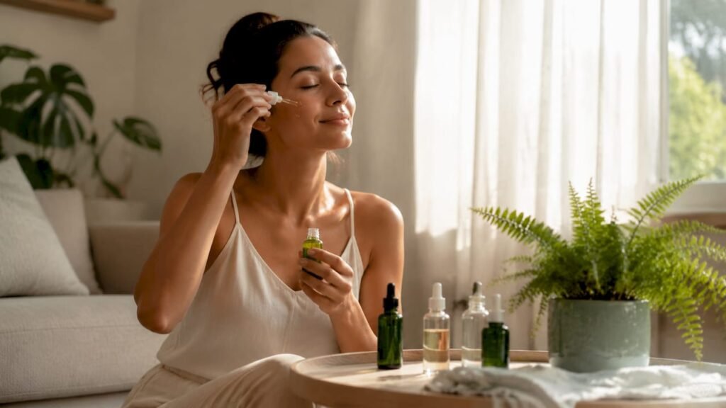 Woman applying botanical oil to skin