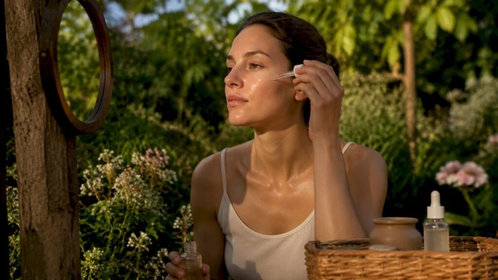Woman applying botanical serum in bathroom