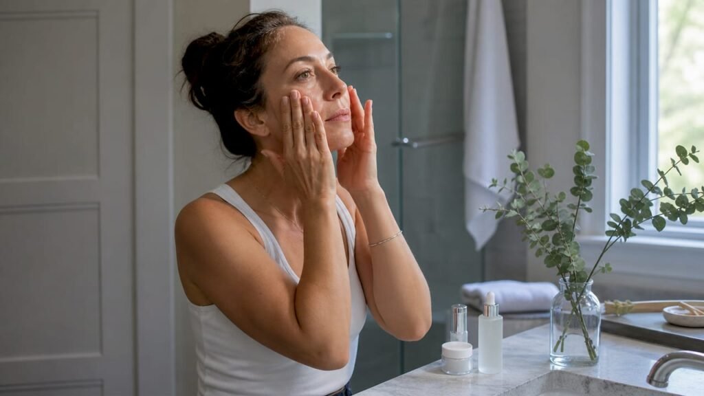 Woman applying skincare at home bathroom vanity