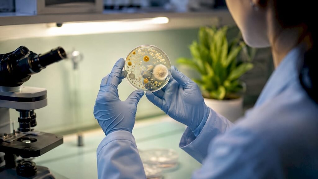Scientist holding petri dish of skin microbes
