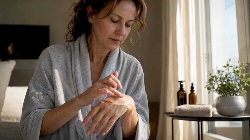 Woman applying cream to age spot on hand at vanity