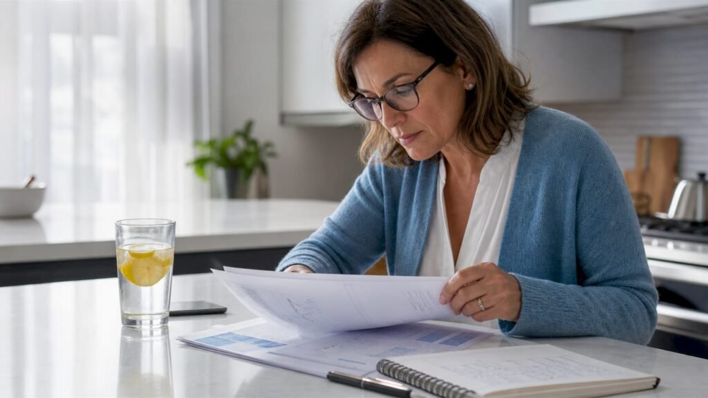 Woman reviewing clinical skincare study papers