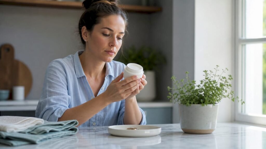 Woman reading moisturizer ingredients at vanity