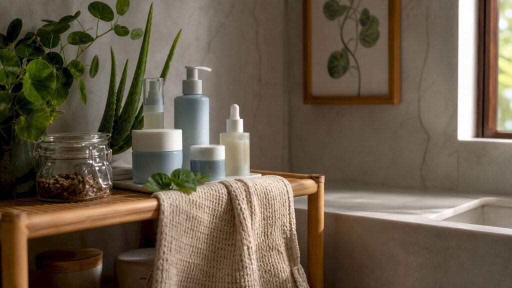 Botanical moisturizers and fresh plant leaves on countertop