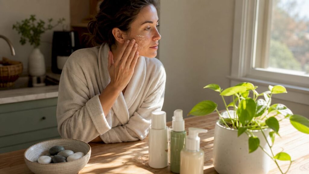 Woman applying facial exfoliant in bathroom