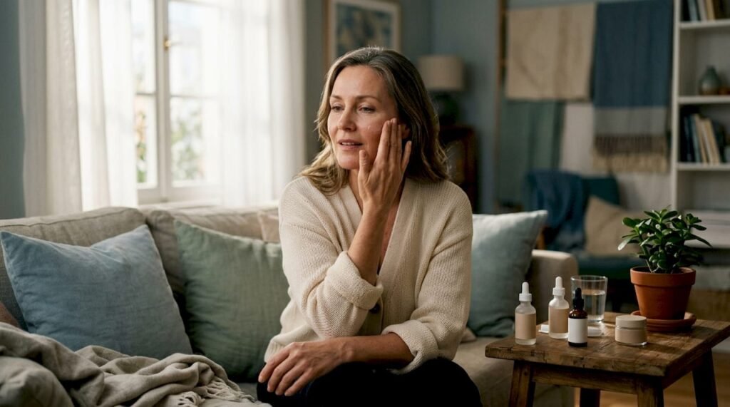 Woman applying collagen skincare in bedroom
