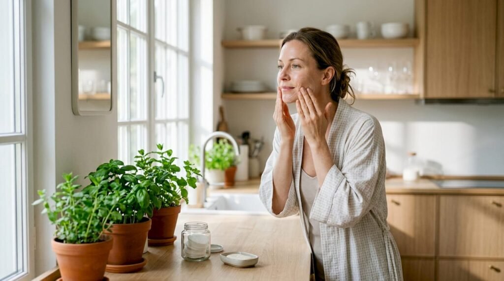 Woman applying organic cleanser in bathroom