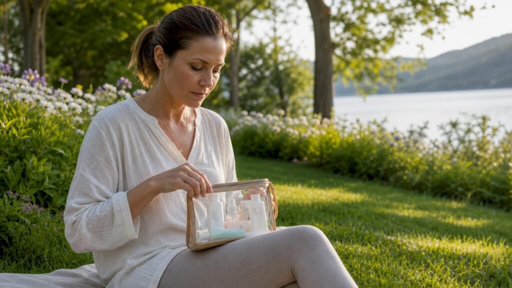 Woman packing skincare products for travel