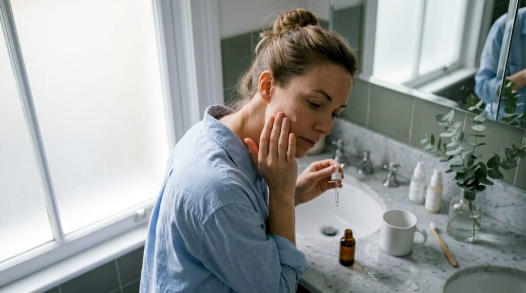 Woman applying serum skincare at vanity