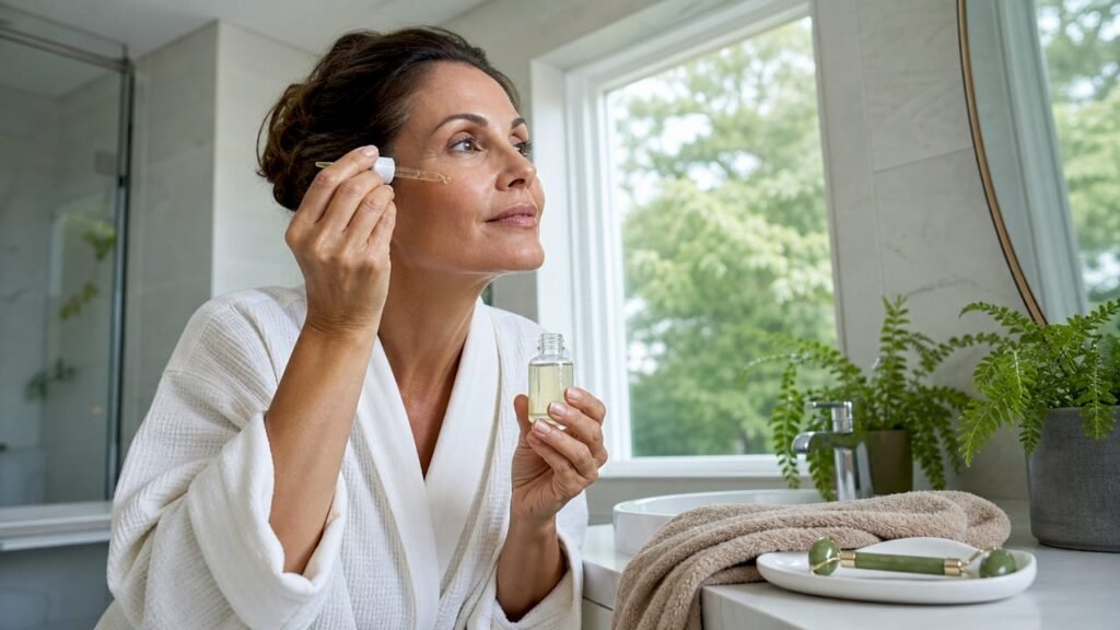 Woman applying vitamin C serum in bright bathroom
