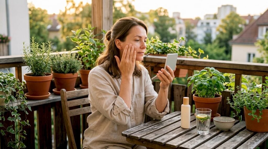 Woman applying moisturizer at vanity