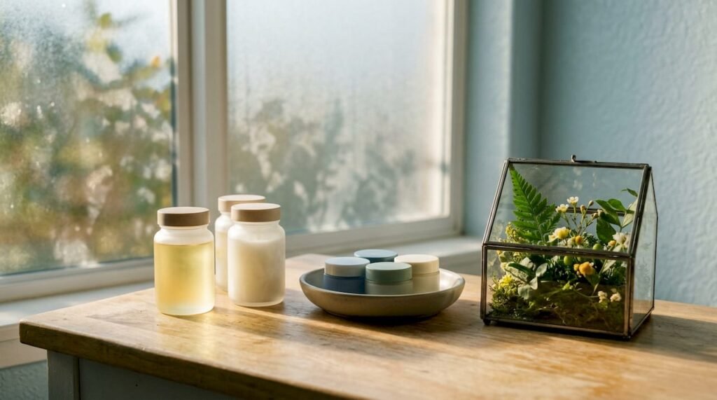 Glass bottles and jars of natural skin barrier boosters on vanity