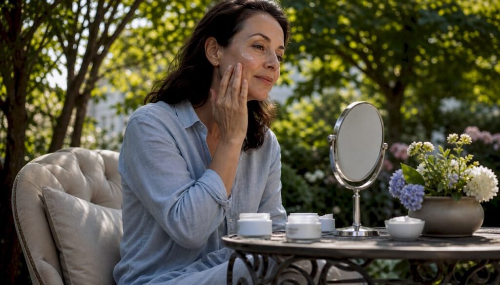 Woman applying moisturizer in bathroom