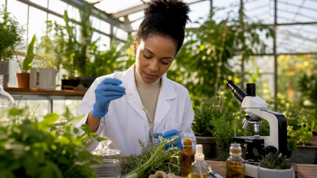 Chemist working with plant extracts in skincare lab