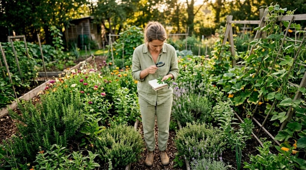 Botanist inspecting biodynamic garden plants