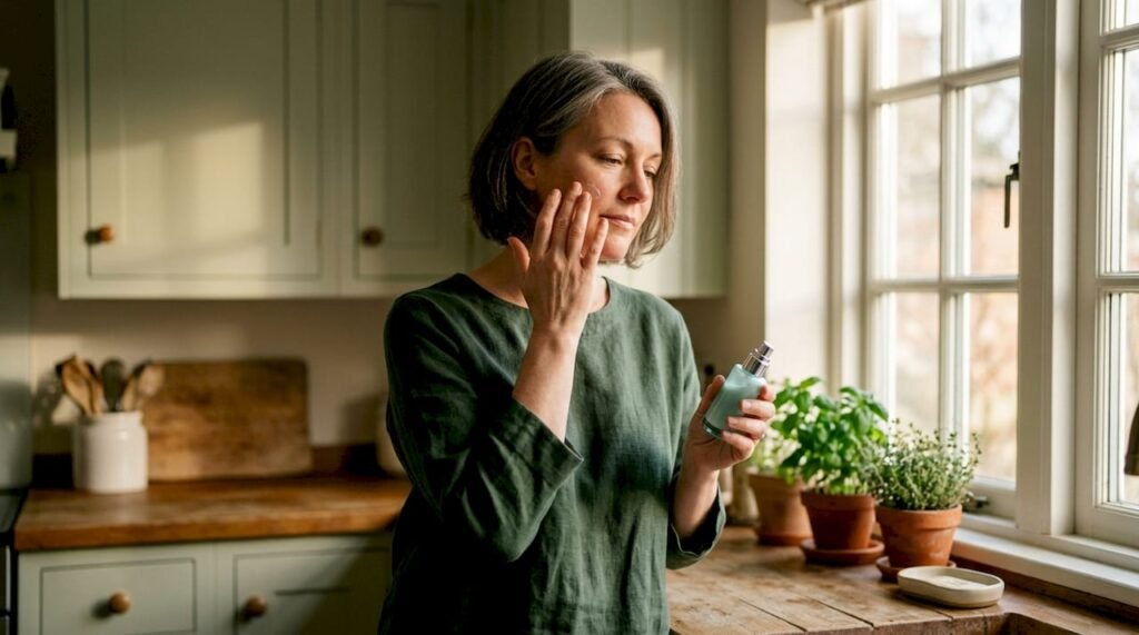 Woman applying moisturizer in bathroom