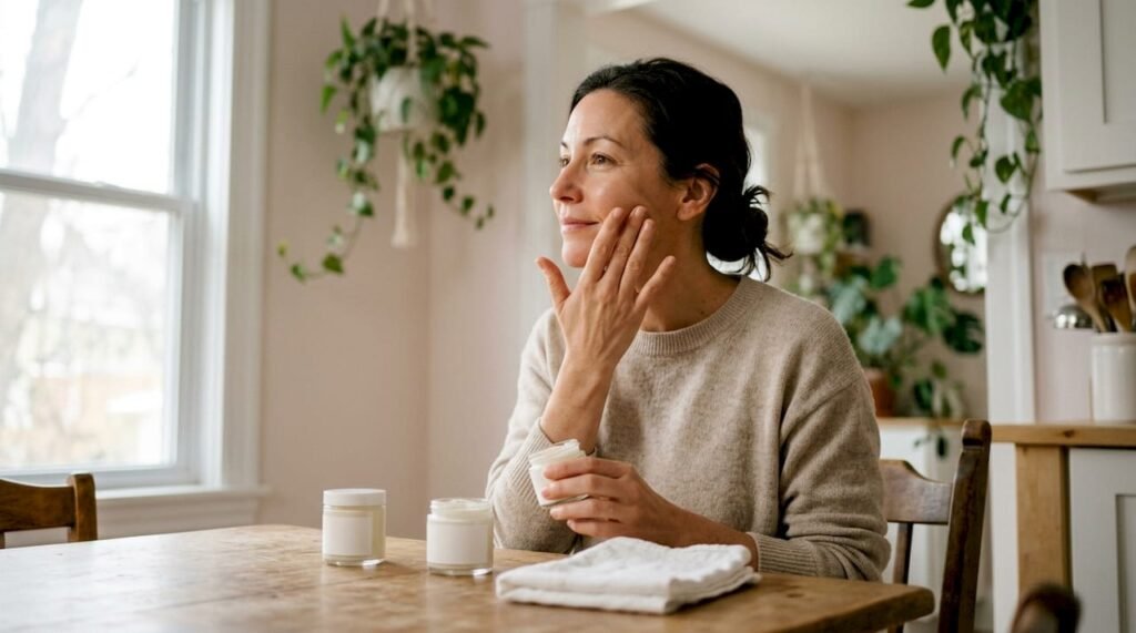 Woman applying organic facial cream in bathroom