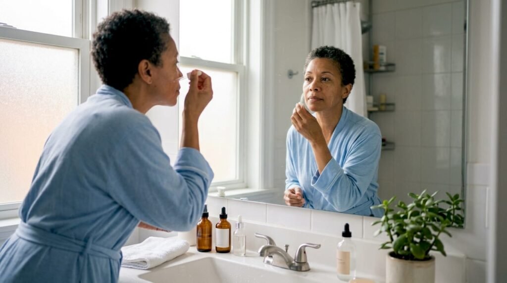 Mature woman applying skincare serum at home