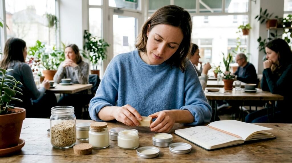 Woman examining zero-waste skincare products at table