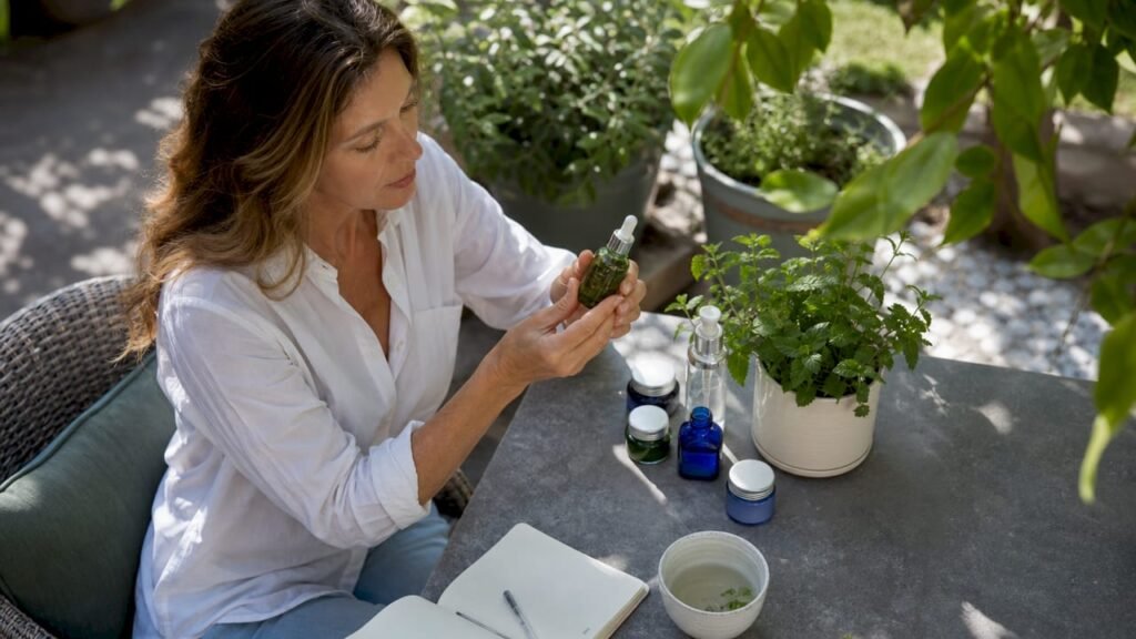 Woman reviewing plant-derived skincare ingredients